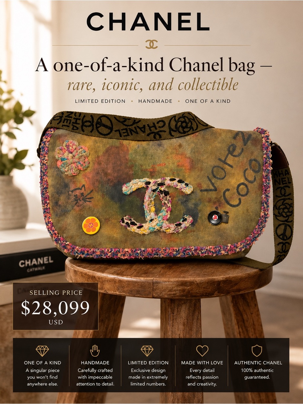 CHANEL Olive Canvas Multicolor Tweed CC Shoulder Bag